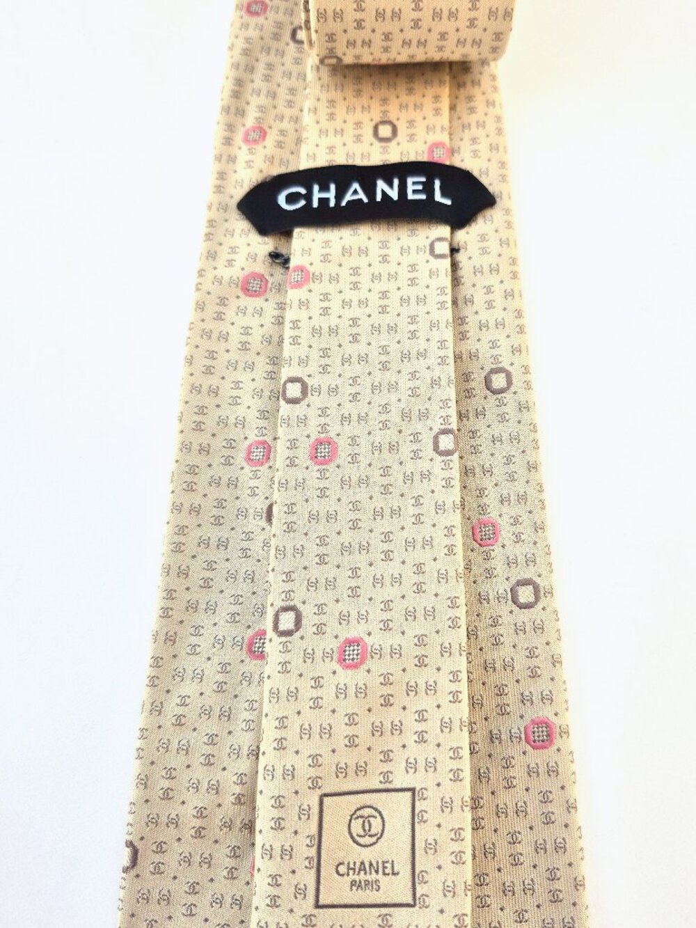 Chanel Silk Tie Beige CC Logo Made in Italy
